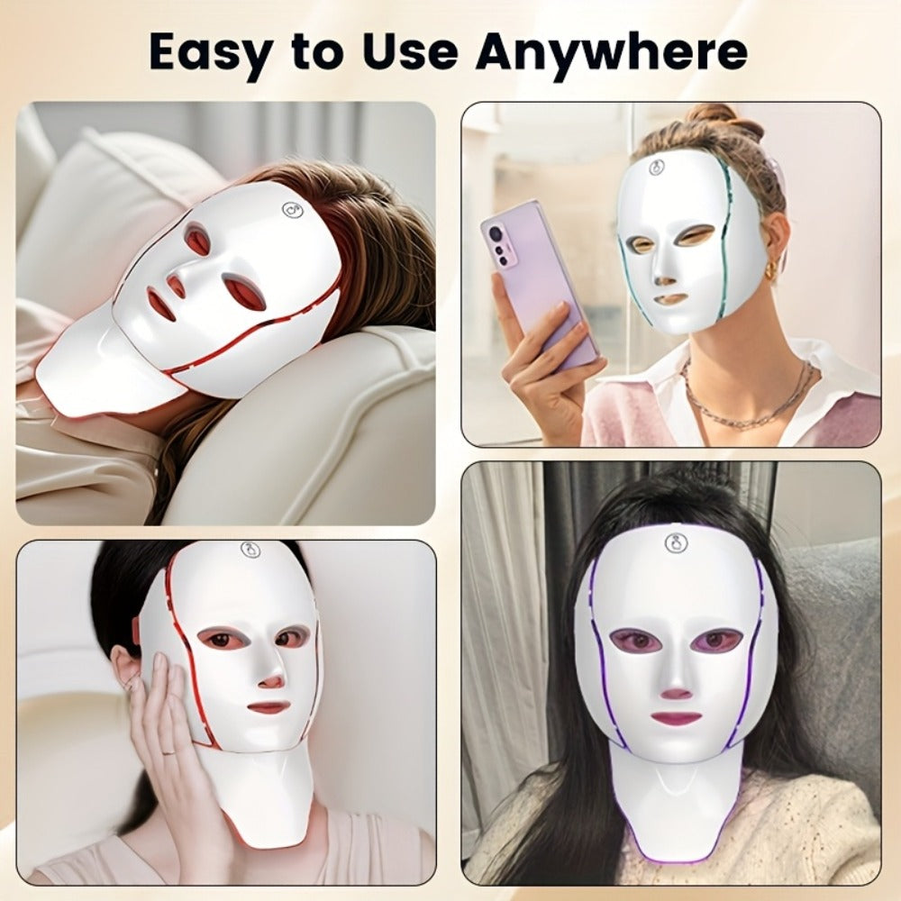 7-Color LED Light Therapy Facial Mask Device, Skincare Beauty Tool for Face & Neck, USB Rechargeable