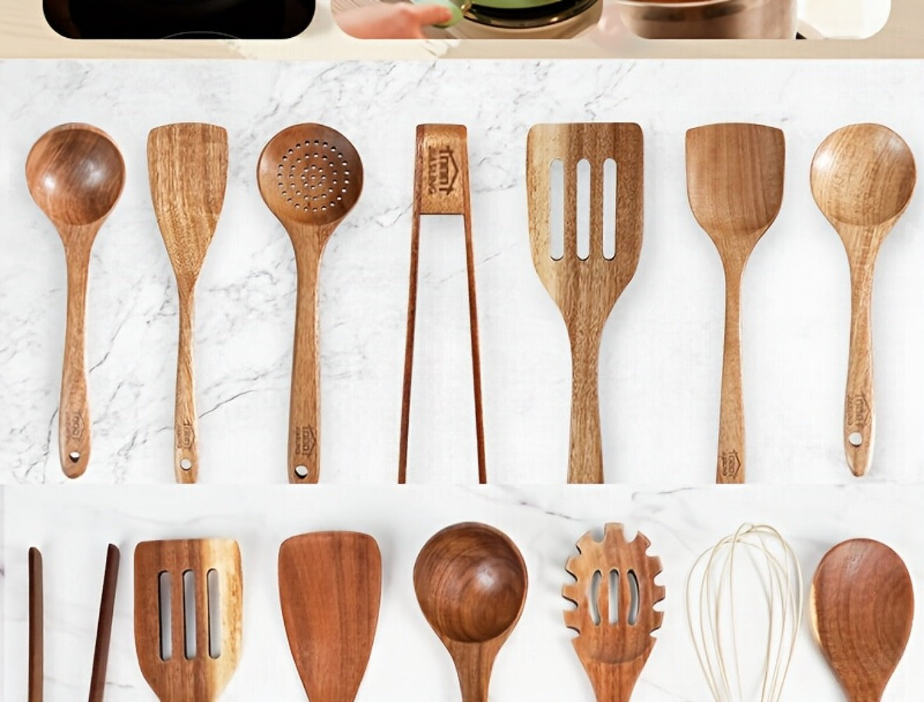 Kitchen Utensils by JIASING, 3-, 5- or 7-Piece Wood Spoon, Spatula, Ladle and Egg-Beater Set Options