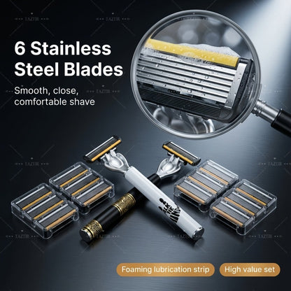 Luxury Men's Razor Set 6-Layer Blades – 2 Ergonomic Anti-Slip Handles & 72 Replaceable Blades, Precision Manual Shaving Kit