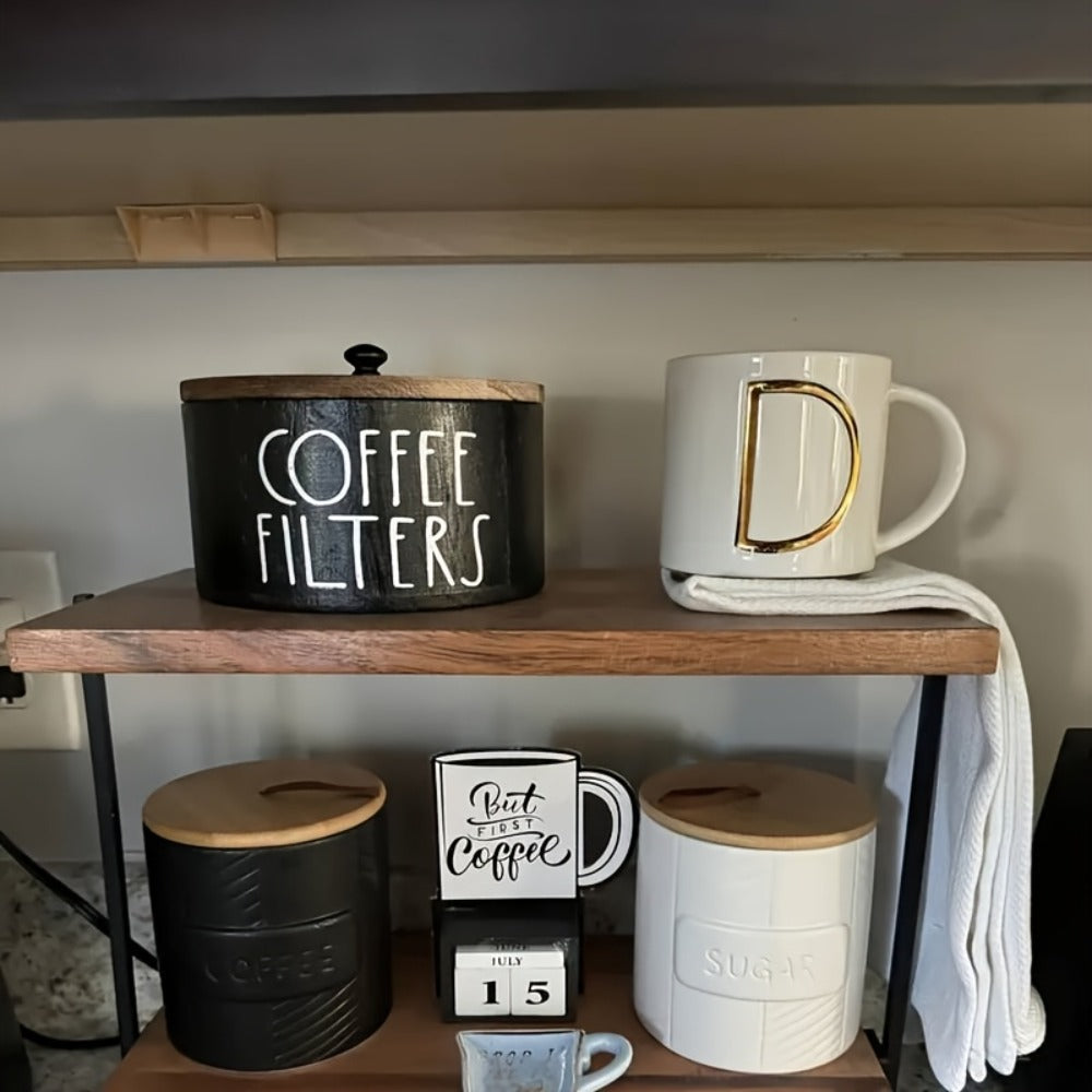 Wooden Coffee Filter Holder with Lid – Large Capacity Rustic Round Organizer Dispenser for Coffee Filters & Tea Bags, Bamboo Lid