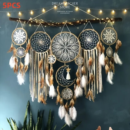Dream Catcher Wall Decor 5 Pack Large Handmade Boho Dream Catchers Moon Sun Wall Hanging for Entryways, Bedrooms and Living Spaces