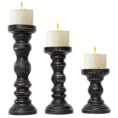 Wood Pillar Candle Holder Set of Three with Turned Pedestal Profiles, 16cm, 23cm and 30cm Heights in Three Finishes