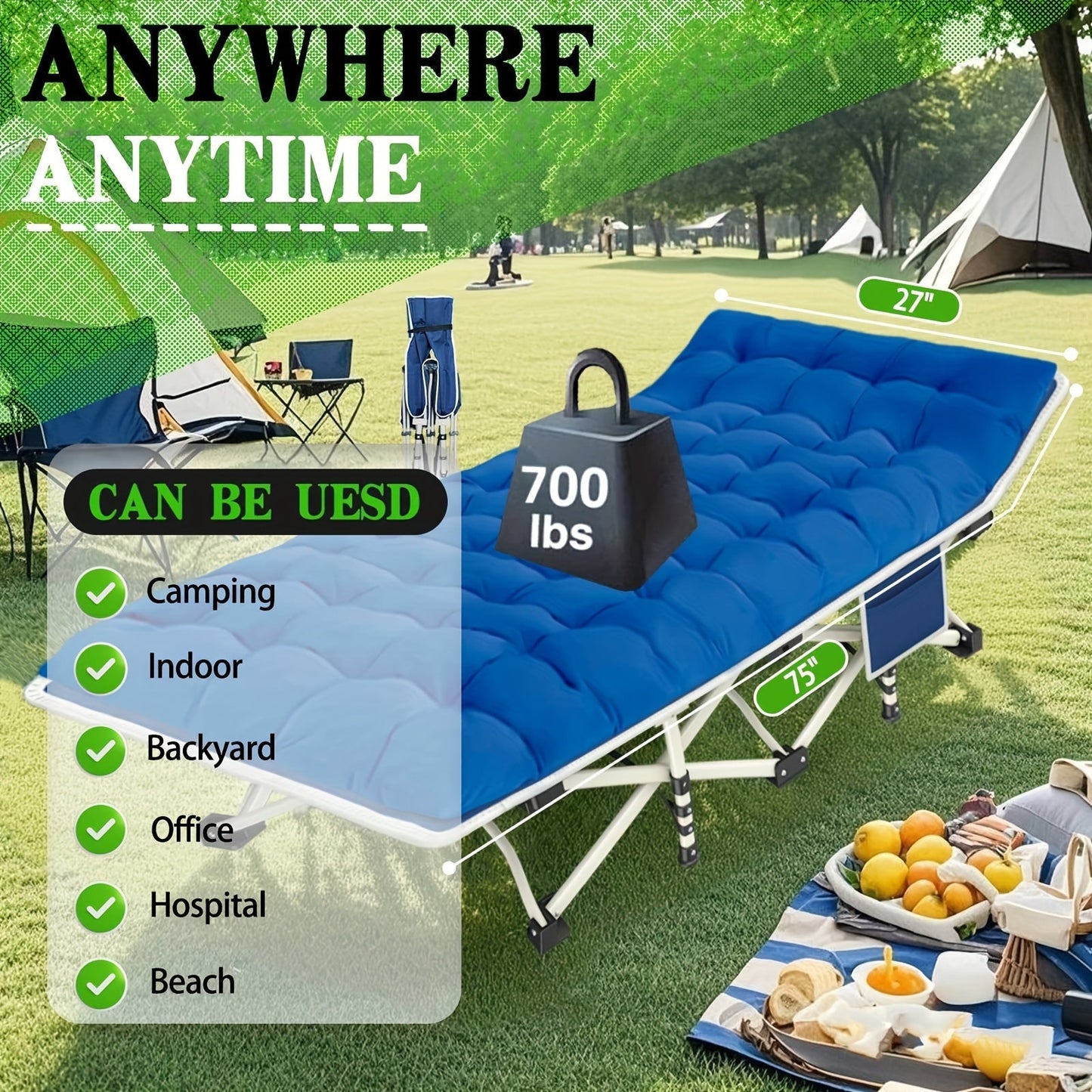 Padded Folding Camping Cot in Standard or XXL Sizes with Blue, Purple, Brown and Two-Pack Options