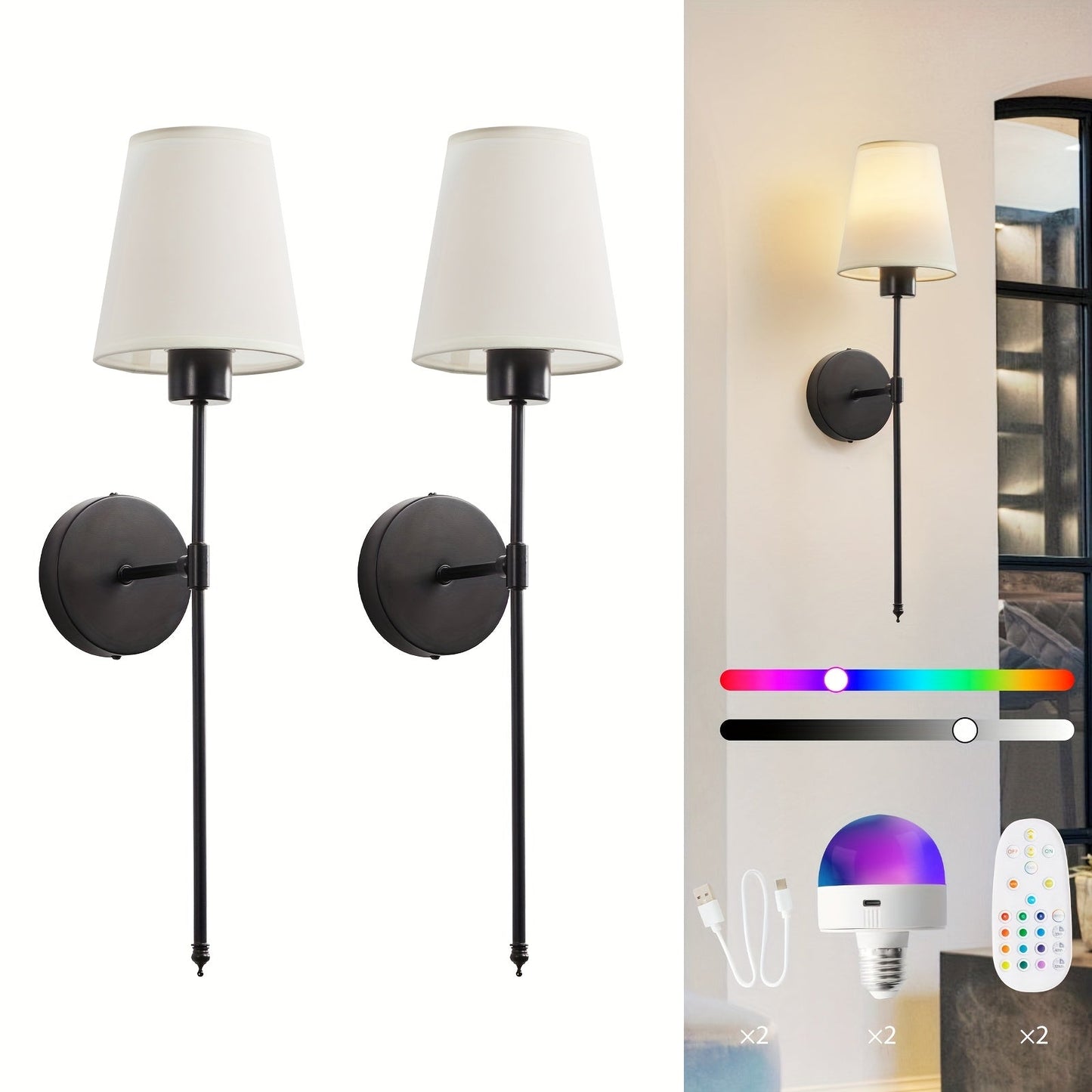 Rechargeable Two-Piece Wall Sconce Set with Fabric Shades, 15-Color RGB Bulbs and Remote in Gold or Black