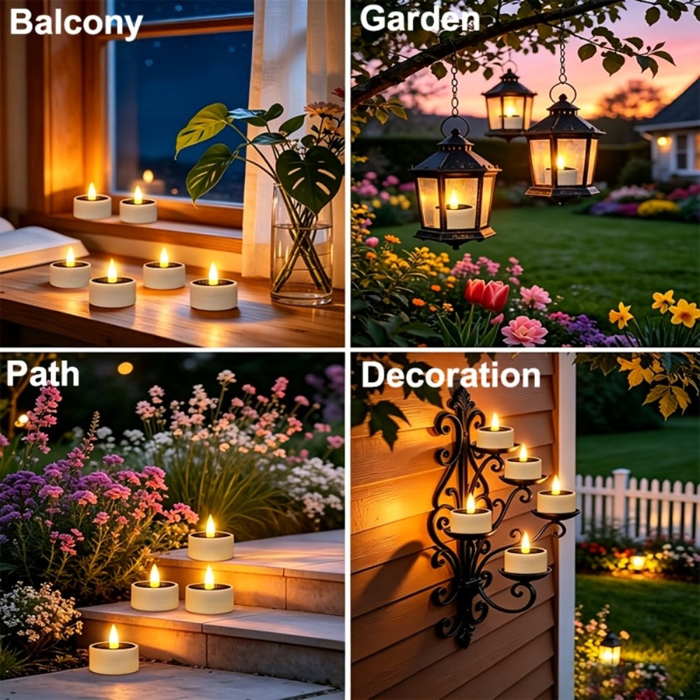 Solar Flameless Candles Outdoor LED Tealight with Dusk to Dawn Sensor Flickering Light for Entryways, Bedrooms and Living Spaces