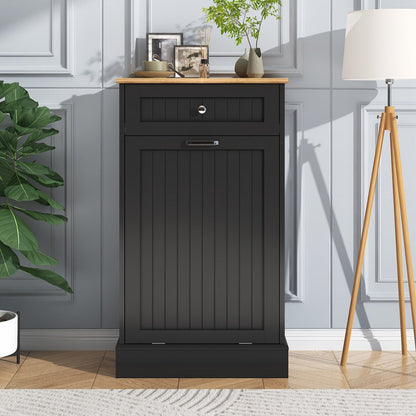 Tilt Out Trash Cabinet Freestanding Kitchen Garbage Cabinet with Cutting Board & Drawer, Wood Hideaway Recycling Station