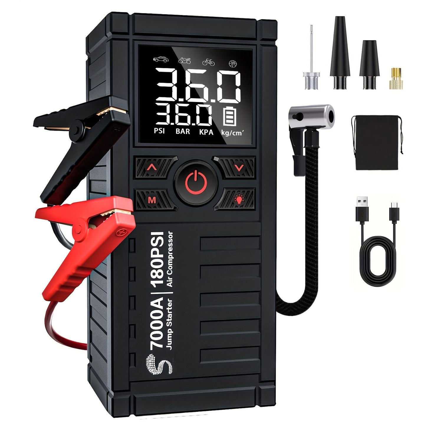 7000A Jump Starter 8-in-1 29800mAh with Air Compressor Tire Inflator SOS LED Flashlight Power Bank for Garden, Patio and Yard Use