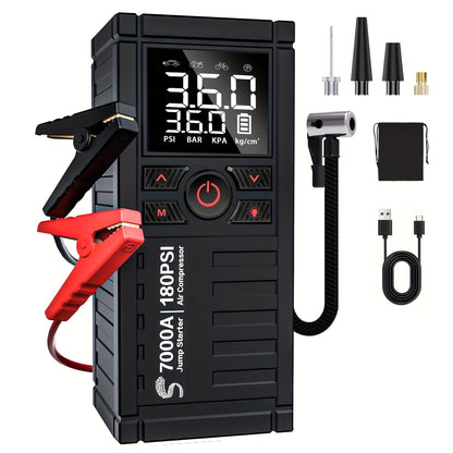 7000A Jump Starter 8-in-1 29800mAh with Air Compressor Tire Inflator SOS LED Flashlight Power Bank for Garden, Patio and Yard Use