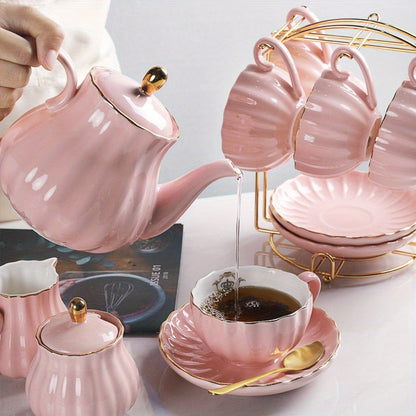 Porcelain Tea Set Service for 6 British Royal Floral Design with Teapot Sugar Bowl Cream Pitcher Teaspoons Tea Strainer 8oz Cups Saucers