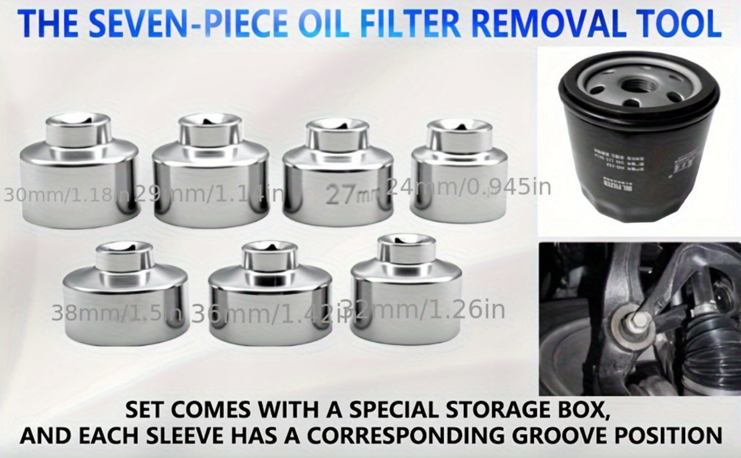 7-Piece Oil Filter Wrench Socket Set – CR-V Steel Hexagonal Cap Wrenches 24mm to 38mm, 3/8-Inch Drive, Universal Fit for Car Oil Filter
