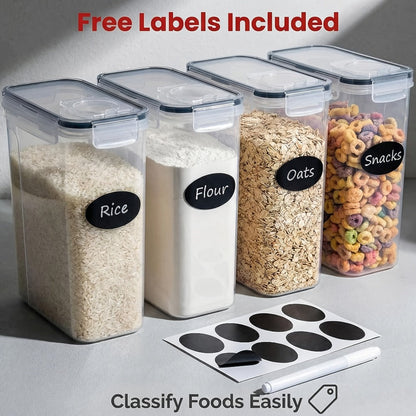 Food Storage Container Four-Pack with 4L Clear Pantry Canisters, Pour-Spout Lids, Labels and Marker
