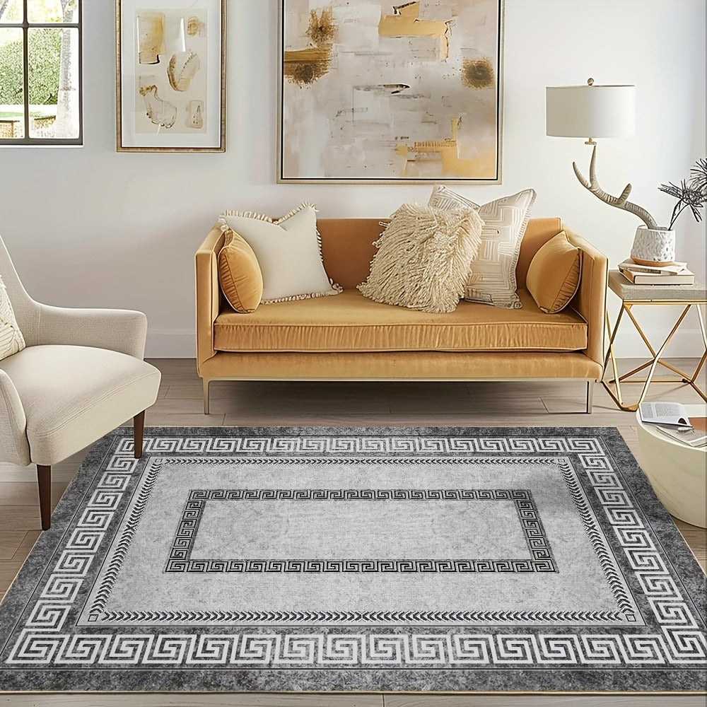 Persian Boho Area Rug – Luxury Crystal Velvet 850GSM Floral Pattern | Non-Slip Machine Washable 100% Polyester Carpet | Grey Black Marble