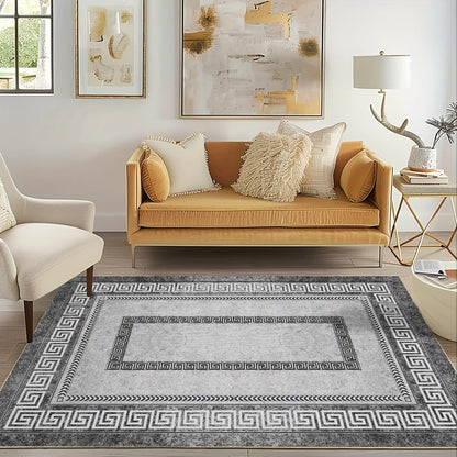 Persian Boho Area Rug – Luxury Crystal Velvet 850GSM Floral Pattern | Non-Slip Machine Washable 100% Polyester Carpet | Grey Black Marble