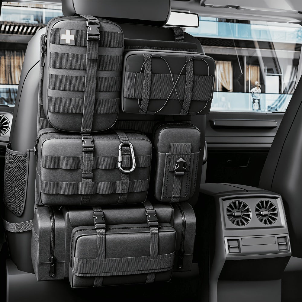 Tactical Car Seat Organizer – MOLLE Nylon Seat Back Storage Bag with 5 Pockets, Front & Rear Seat Protector for Jeep, Truck