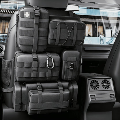 Tactical Car Seat Organizer – MOLLE Nylon Seat Back Storage Bag with 5 Pockets, Front & Rear Seat Protector for Jeep, Truck
