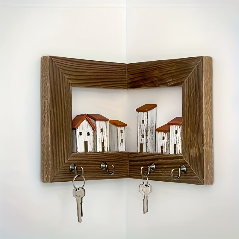 Wall Mounted Key Rack with Hooks – Rustic Wooden Key Holder with 6 House Hooks, Entryway Storage Organizer for Home Bedroom Wall Decor