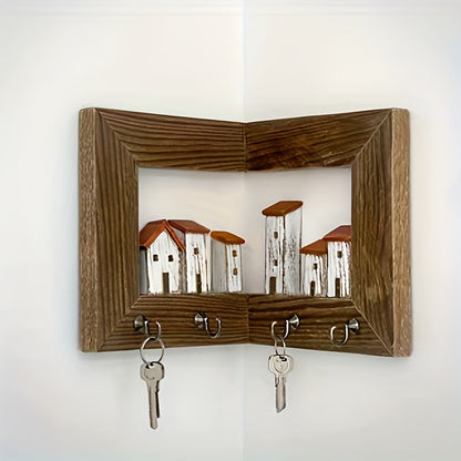 Wall Mounted Key Rack with Hooks – Rustic Wooden Key Holder with 6 House Hooks, Entryway Storage Organizer for Home Bedroom Wall Decor