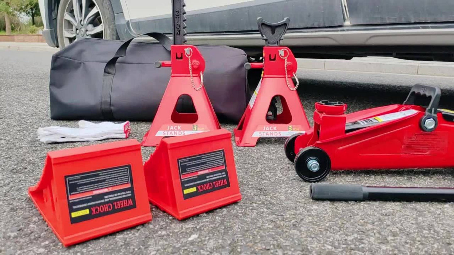 Hydraulic Floor Jack Kit 2/2.5/3 Ton Low Profile Trolley Jack with Jack Stands, Tire Repair Kit, Wheel Wrench & Wheel Chock Combo – Red/Blue