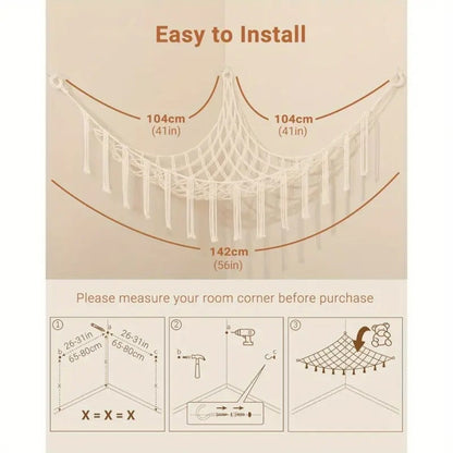 Stuffed Animal Storage Hammock with Lights Corner Hanging Toy Net Organizer for Nursery for Entryways, Bedrooms and Living Spaces
