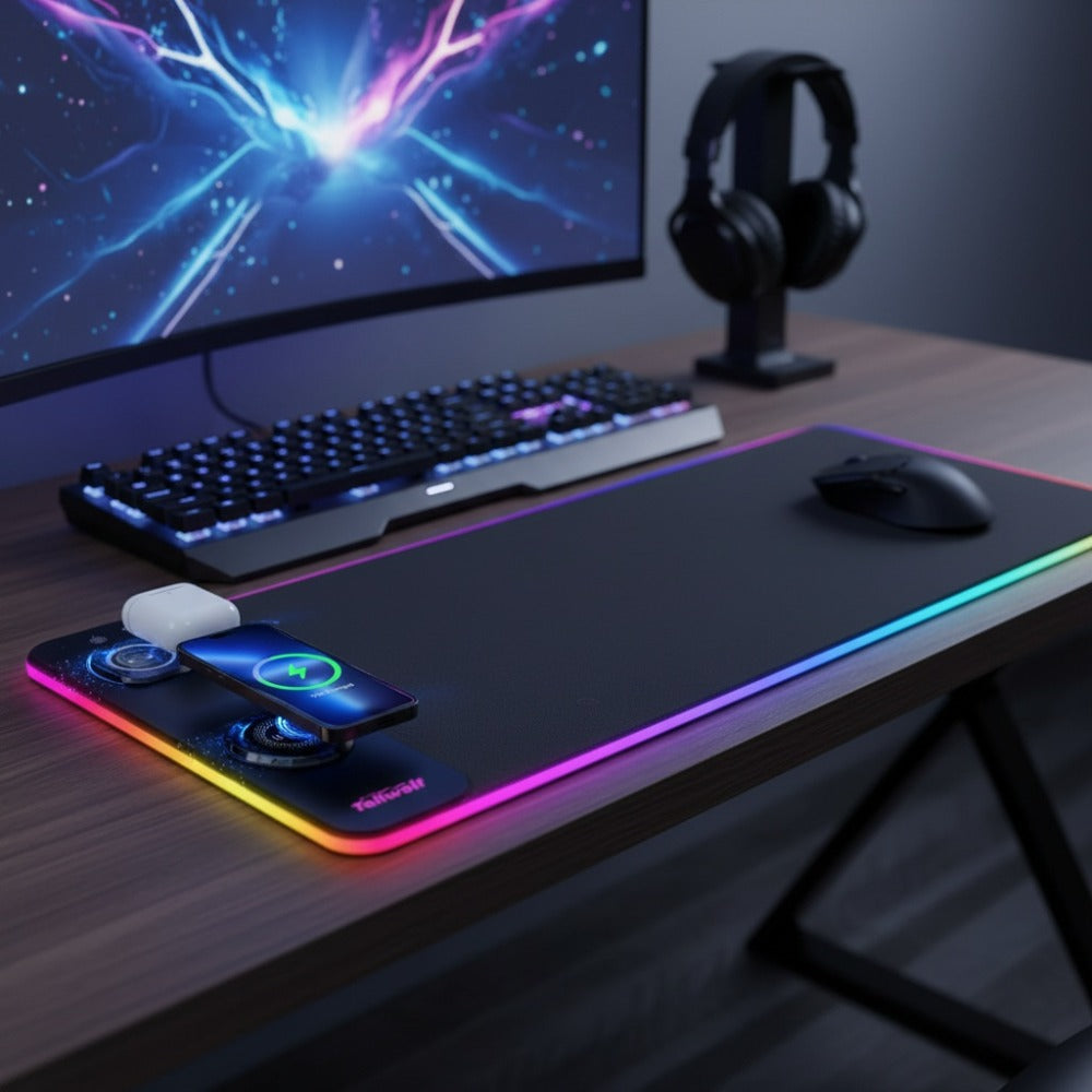 3-in-1 Wireless Charging Mouse Pad RGB, 15W Qi Charger for Phone, Watch & Mouse, 10 LED Modes, Magnetic Rechargeable Mouse Included