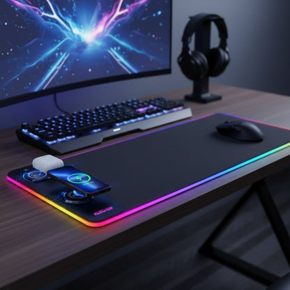 3-in-1 Wireless Charging Mouse Pad RGB, 15W Qi Charger for Phone, Watch & Mouse, 10 LED Modes, Magnetic Rechargeable Mouse Included