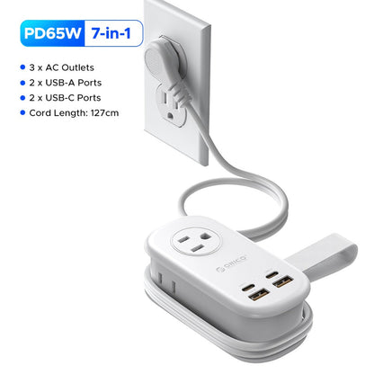GaN 65W Portable Power Strip Fast Charging - 3 AC Outlets, 2 USB-C & 2 USB-A Ports, Flat Plug, 50-inch Cable