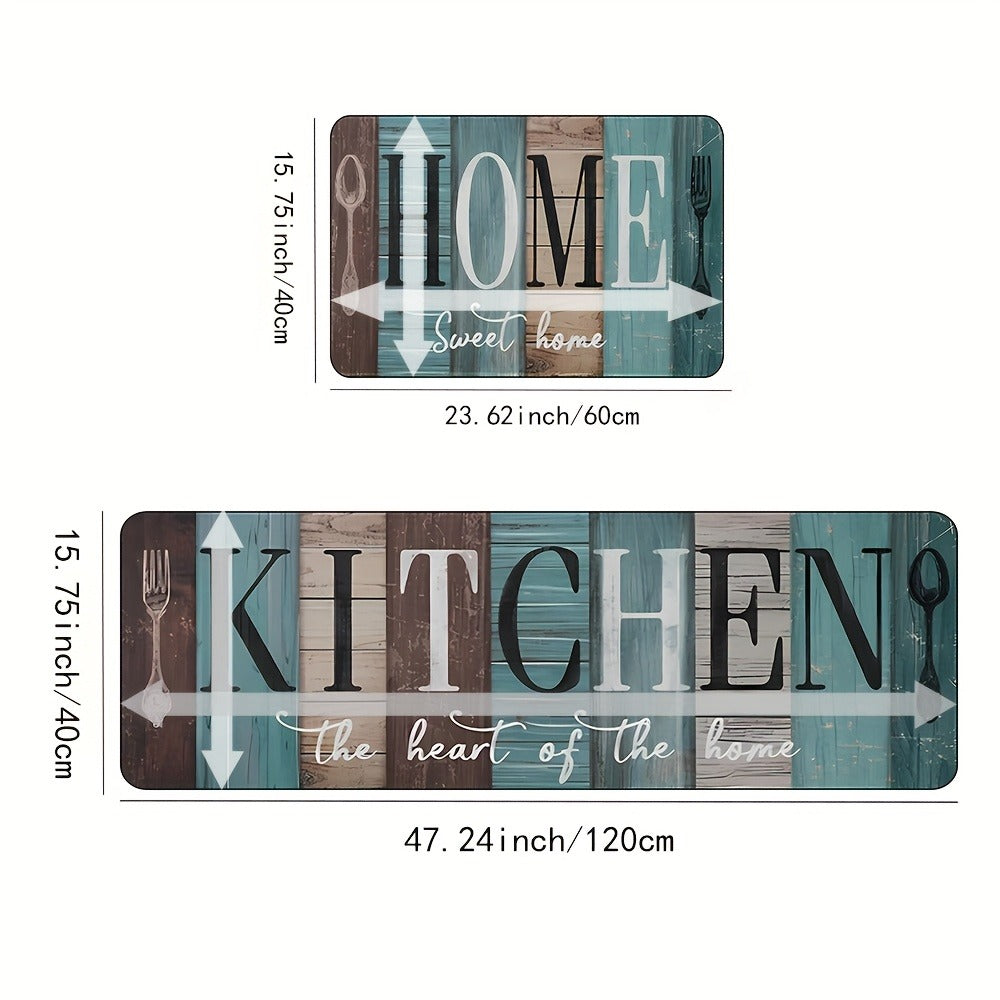 Diatomaceous Earth Kitchen Mat Set 2pcs – Non-Slip Anti-Fatigue Rug for Kitchen Bathroom Bedroom Hallway, Green Brown Wood Plank Pattern