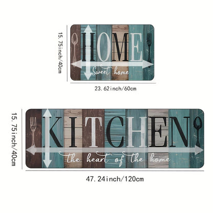 Diatomaceous Earth Kitchen Mat Set 2pcs – Non-Slip Anti-Fatigue Rug for Kitchen Bathroom Bedroom Hallway, Green Brown Wood Plank Pattern