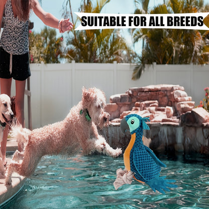 Squeaky Dog Toy Plush Parrot with Rope Interactive Chew Toy Soft Durable Stuffed Animal for Teething Puppies Small Medium Large Dogs
