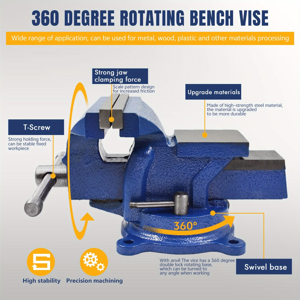 Bench Vise 5-Inch 360-Degree Swivel Base – Heavy-Duty Cast Iron Tabletop Vise with Pipe Jaws & Anvil, Locking Mechanics Clamp