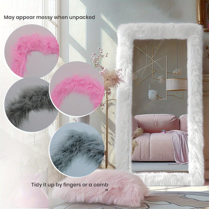 Full Length Mirror with Faux Fur Frame 24x63 Inch Leaning Floor Mirror for Bedroom Living for Entryways, Bedrooms and Living Spaces