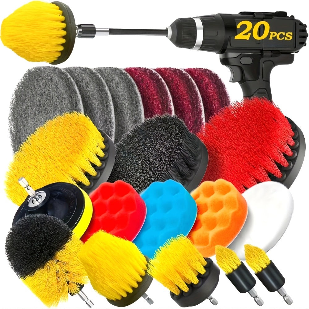 Drill Brush Attachment Set 20 Pack Power Scrubber Brushes Scrub Pads Sponge Buffing Pads with Extension Rod for Bathroom Kitchen Car