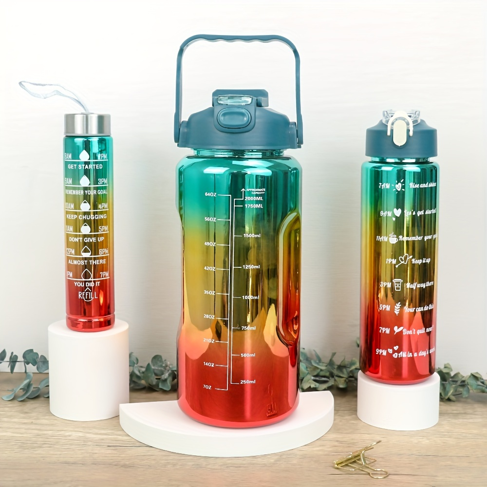 Electroplated Sports Water Bottle Set 3-Pack 64oz 27oz 15oz | Leak-Proof Gradient Bottles with Straw & Time Marker for Gym Office School