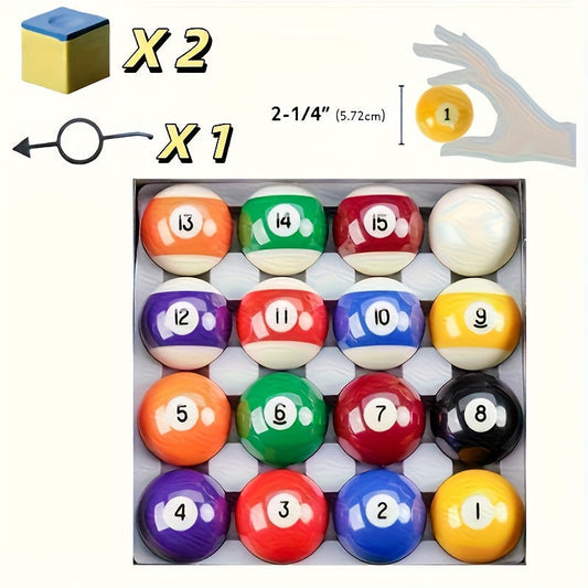 Billiard Ball Set 16-Piece 2-1/4 Inch Premium Pool Balls – Complete 8-Ball Set with Aiming Guide & 2 Chalks for Home Game Room