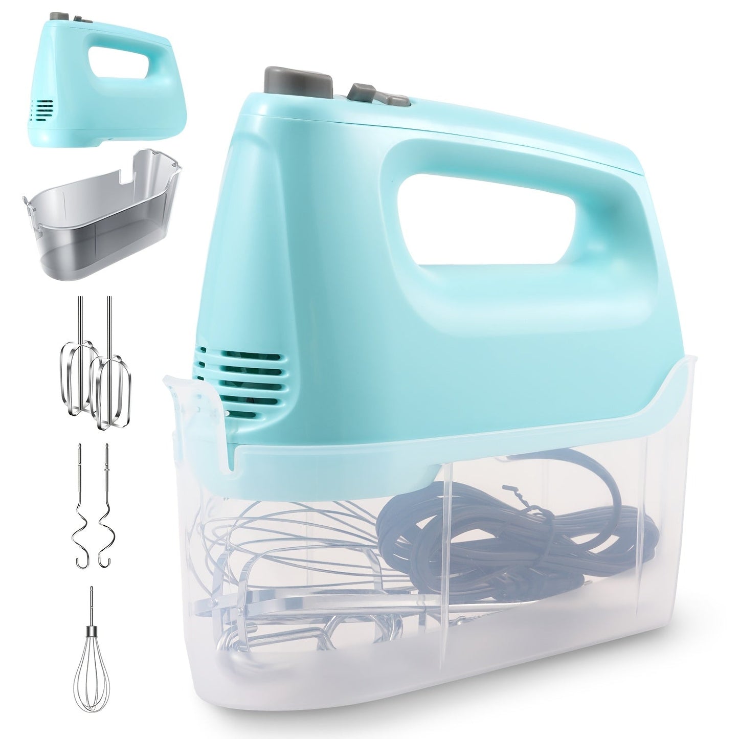 Electric Hand Mixer 250W 6-Speed Turbo – Heavy Duty Motor with 5 Stainless Steel Attachments, Snap-On Storage Case, for Whipping