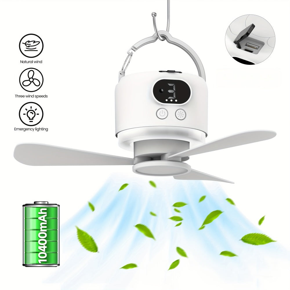 10400mAh Hanging Camping Fan with Remote Control, Three Wind Speeds, LED Light and White or Green Color Options
