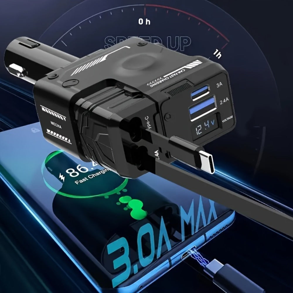 Dual Retractable Cable Car Charger 4-in-1 with Lightning & Type-C 31in, 2 USB-A Ports & Voltage Supervision