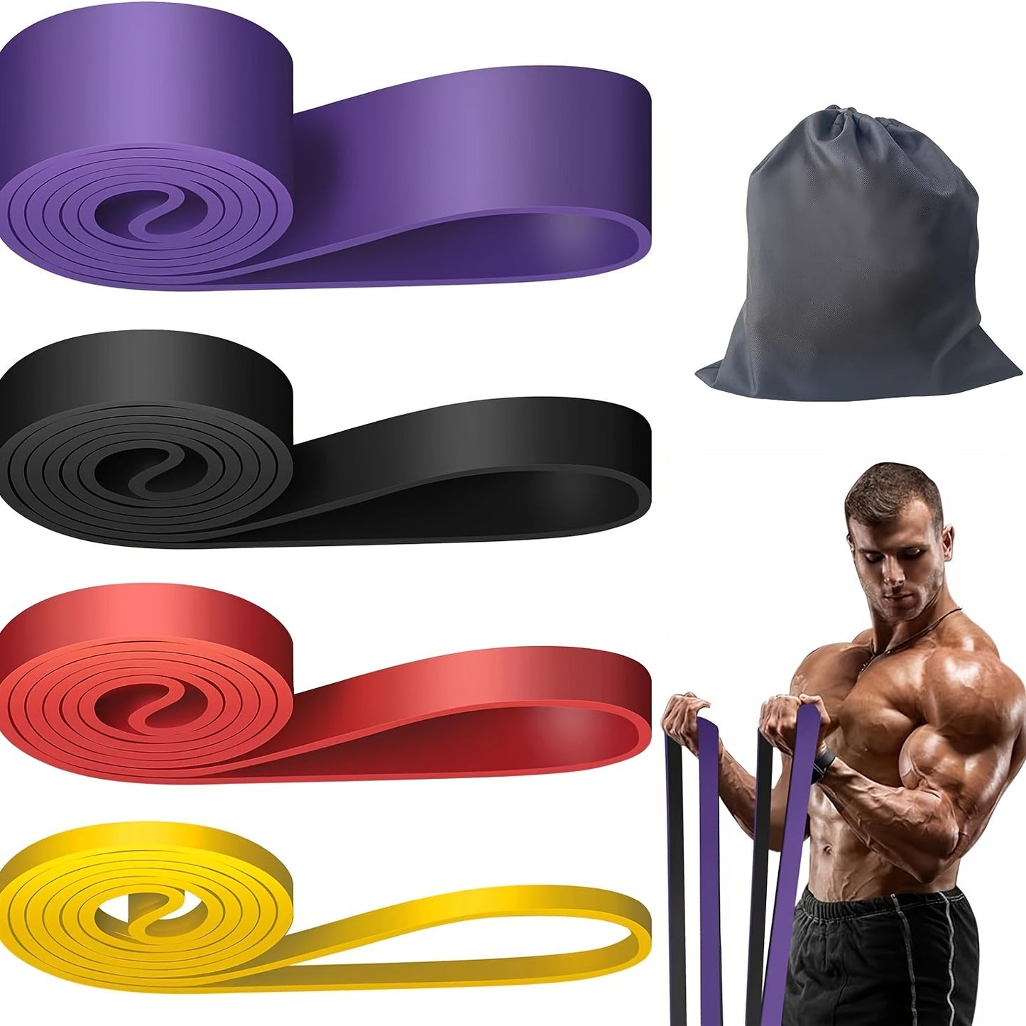 Four-Piece Mixed-Color Long Loop Resistance Band Set with Drawstring Bag and Pictured 5-125 lb Labels
