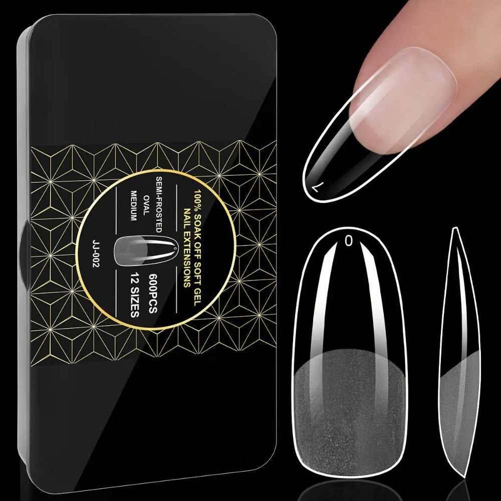Gel Nail Tips 600 Pieces Clear Crystal Full Cover Nail Extensions – Almond Oval Coffin Stiletto Square Short Medium Long Soft Gel False