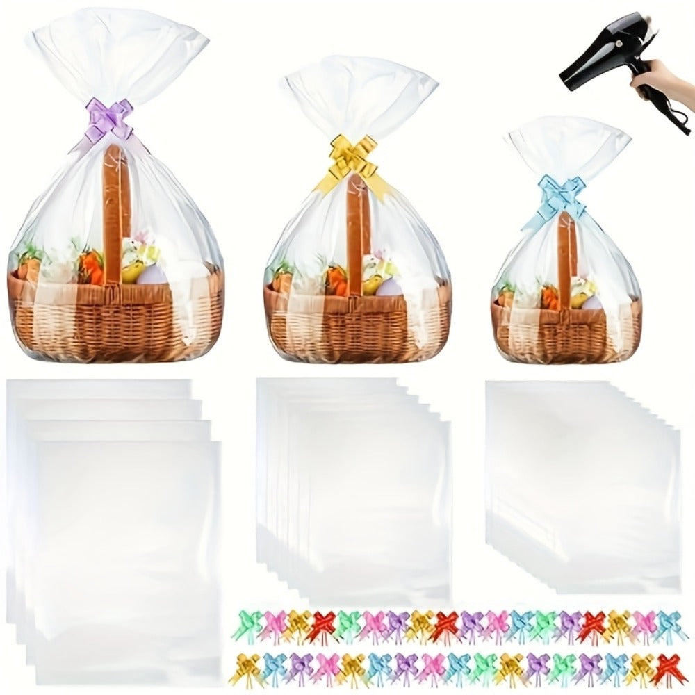 Clear Heat Shrink Cellophane Bags 80pcs 3 Sizes with Pull Bows, Gift Basket Wrapping Bags for Easter Mother's Day Party Favors