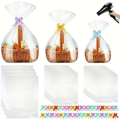 Clear Heat Shrink Cellophane Bags 80pcs 3 Sizes with Pull Bows, Gift Basket Wrapping Bags for Easter Mother's Day Party Favors