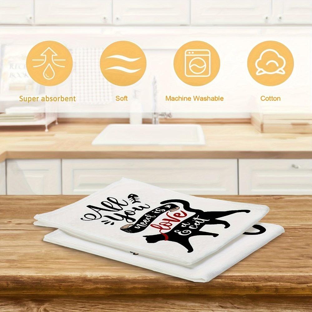Four-Piece Cat Print Kitchen Towel Set, 16 x 24 Inches Each with Four Black-and-White Illustrated Sayings