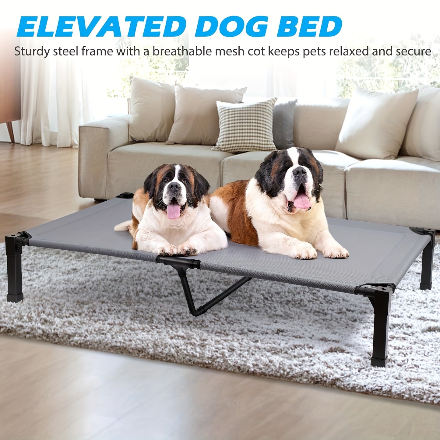 Elevated Dog Bed with Cooling Mesh & Metal Frame – Raised Dog Cot Bed with Washable Breathable Mesh, No-Slip Feet