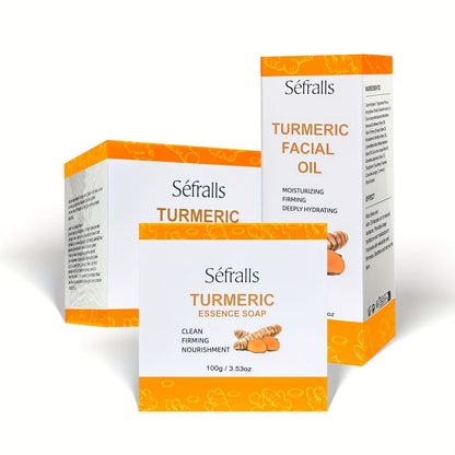 Turmeric Skincare Set 3 Pcs – Turmeric Face Cream, Facial Soap & Essential Oil Kit for Deep Pore Cleansing, Brightening & Moisturizing