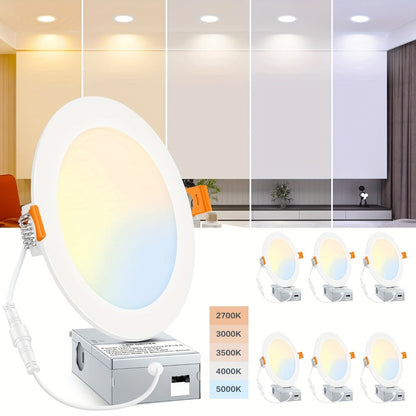 6 Inch LED Recessed Light 5CCT Selectable Dimmable – 12W 1050LM, 2700K-5000K, ETL Listed Slim Canless Downlight for Kitchen