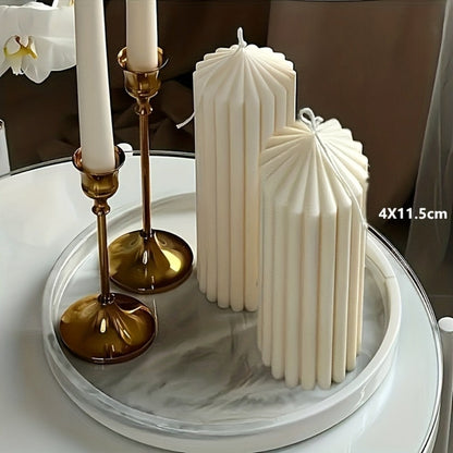 White Ribbed Soy Wax Pillar Candle Pair with Two Matched Sizes or One-of-Each Mixed-Size Option