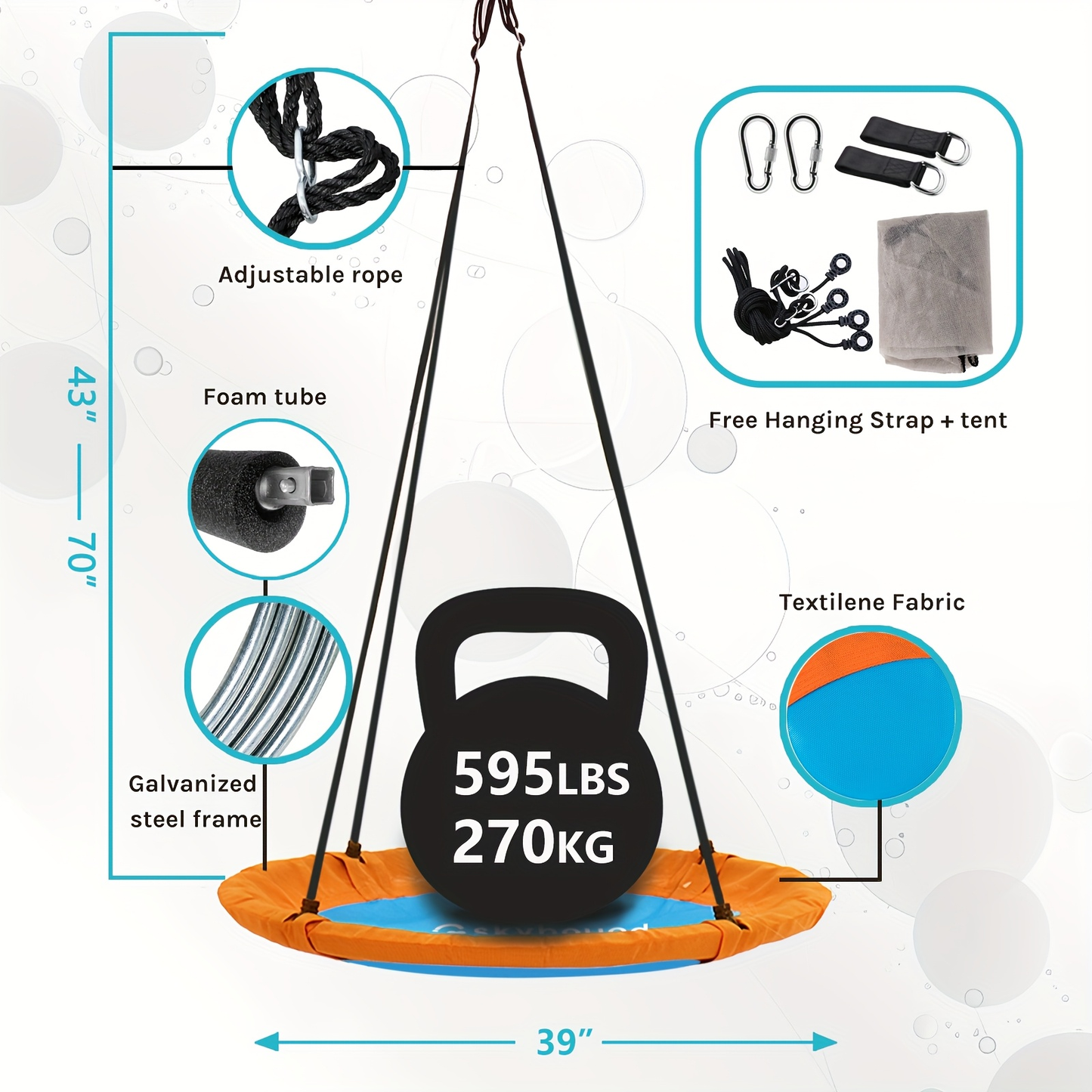 Flying Saucer Tree Swing 39"-43" – Textilene Fabric, UV & Tear Resistant, 360° Rotating with Adjustable Rope