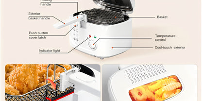1500W Deep Fryer in Black or White with 84.54-Ounce Source Capacity, Windowed Lid and Rotary Dial