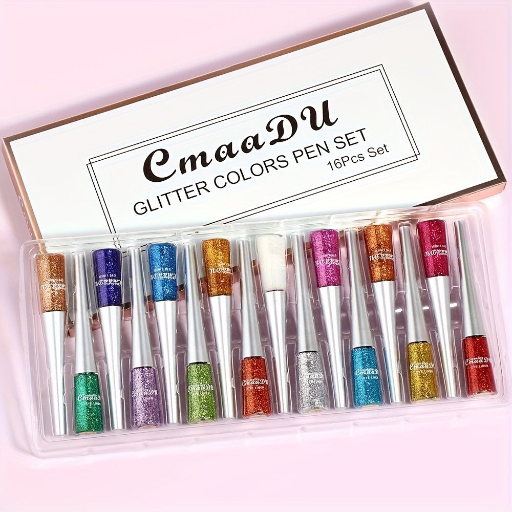 Glitter Liquid Eyeliner Set 16 Colors Waterproof Shimmer Metallic Eye Liner Pen Kit – Long-Lasting Smudge-Proof Sparkle Eye Makeup for Party