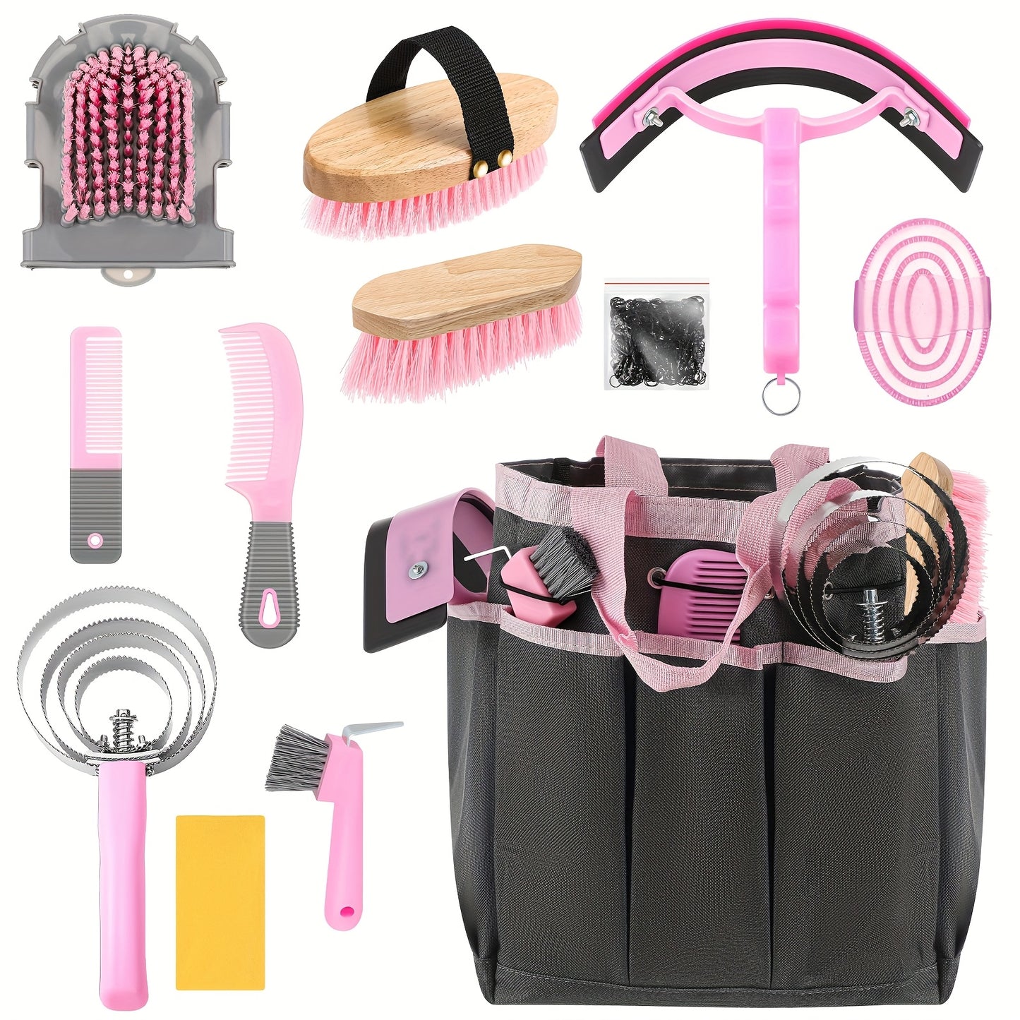 Equine Grooming Brush Set 12-Piece with Organizer Tote Bag – Complete Horse Care Kit with Shedding Brush, Detangler